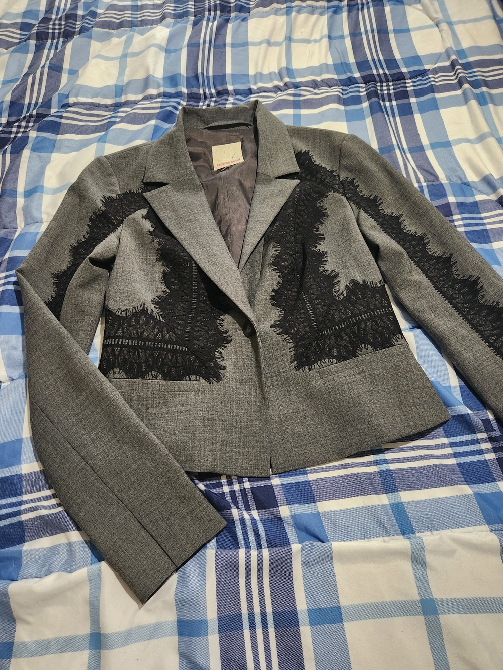 Rebecca Taylor Gray Cropped Blazer with Black Lace Trim